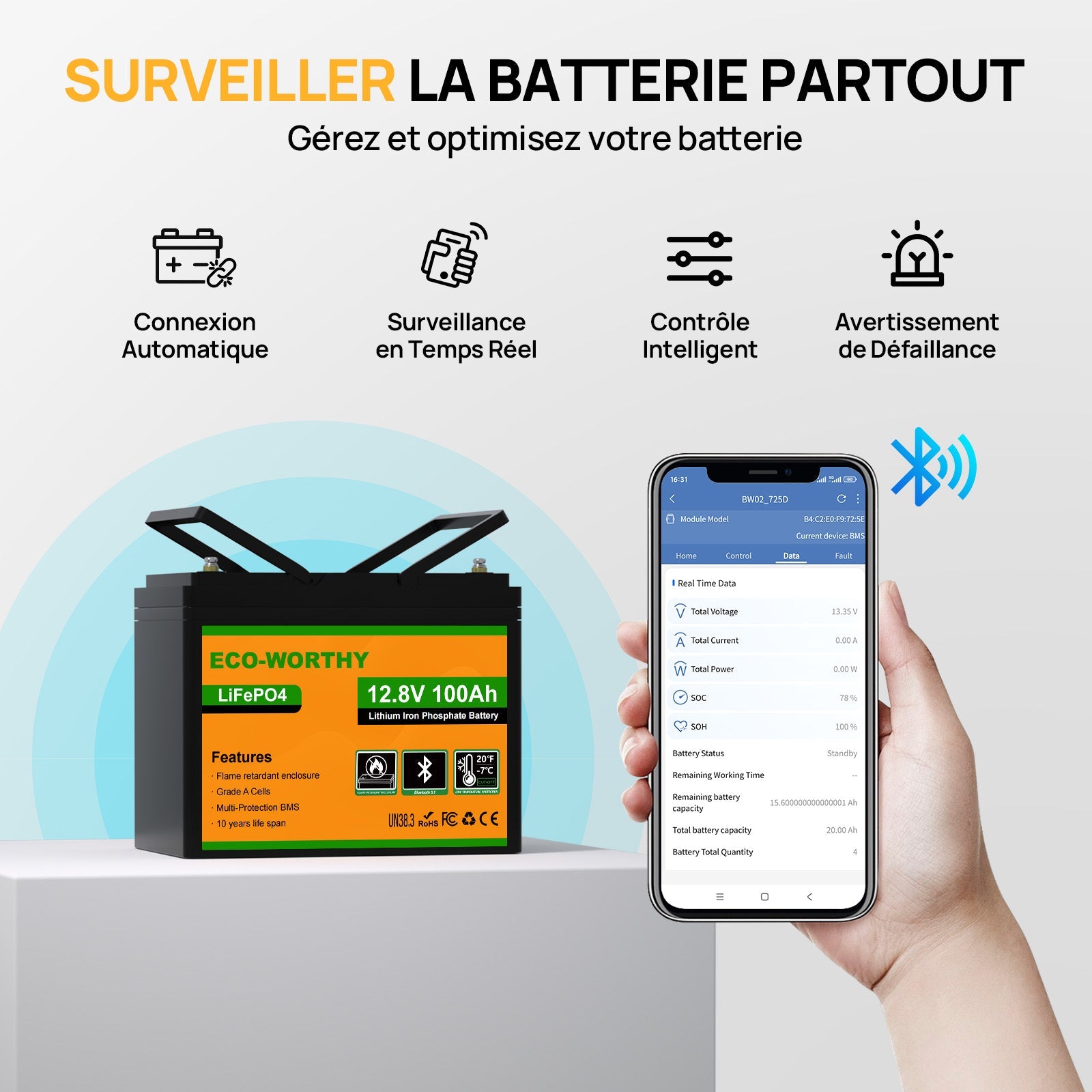 Eco-Worthy Batterie lithium LiFePO4 12V 100Ah avec Bluetooth-Prot. basse temp. - eco-worthy-fr