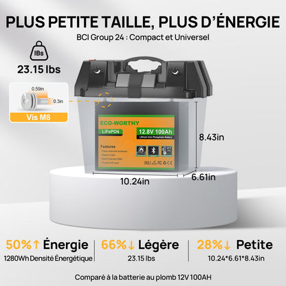Eco-Worthy Batterie lithium LiFePO4 12V 100Ah avec Bluetooth-Prot. basse temp. - eco-worthy-fr