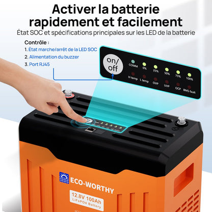Eco-Worthy Batterie Lithium LiFePO4 12V 100Ah Bluetooth avec écran LED SOC | Boîtier ignifuge - eco-worthy-fr