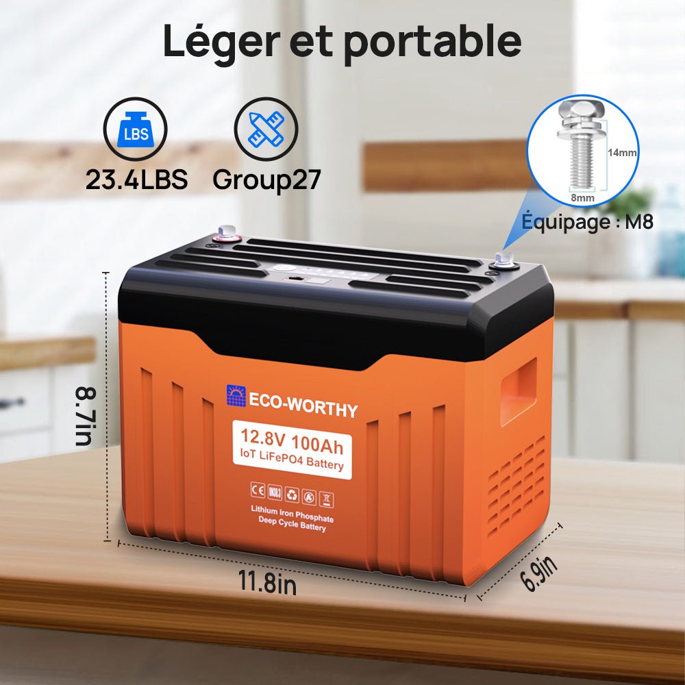 Eco-Worthy Batterie Lithium LiFePO4 12V 100Ah Bluetooth avec écran LED SOC | Boîtier ignifuge - eco-worthy-fr