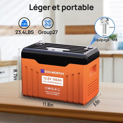 Eco-Worthy Batterie Lithium LiFePO4 12V 100Ah Bluetooth avec écran LED SOC | Boîtier ignifuge - eco-worthy-fr