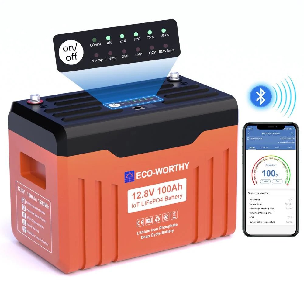 Eco-Worthy Batterie Lithium LiFePO4 12V 100Ah Bluetooth avec écran LED SOC | Boîtier ignifuge - eco-worthy-fr