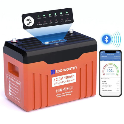 Eco-Worthy Batterie Lithium LiFePO4 12V 100Ah Bluetooth avec écran LED SOC | Boîtier ignifuge - eco-worthy-fr