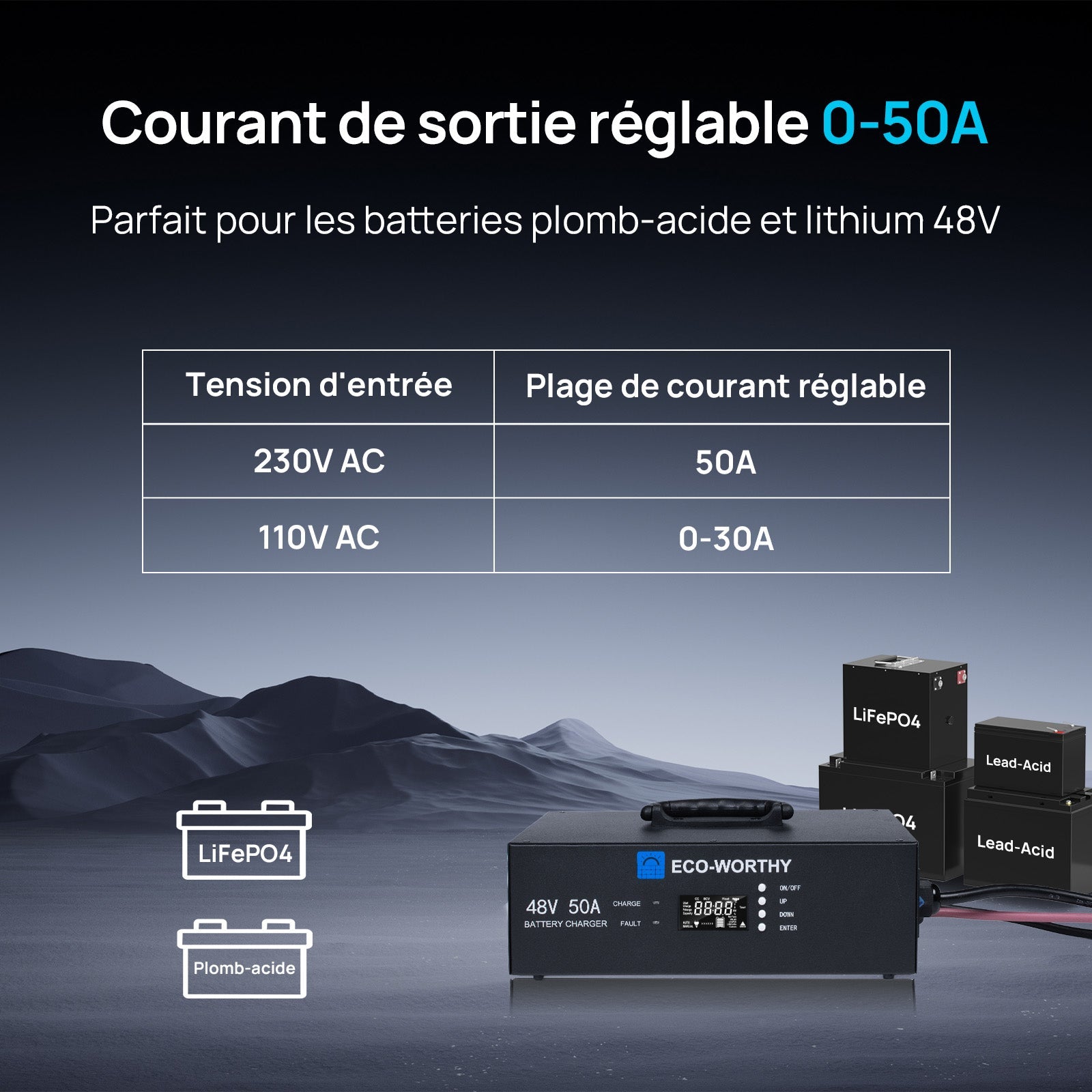 Eco-Worthy Chargeur de batterie lithium 48V – Courant réglable 0–50A, entrée 90–260V - eco-worthy-fr