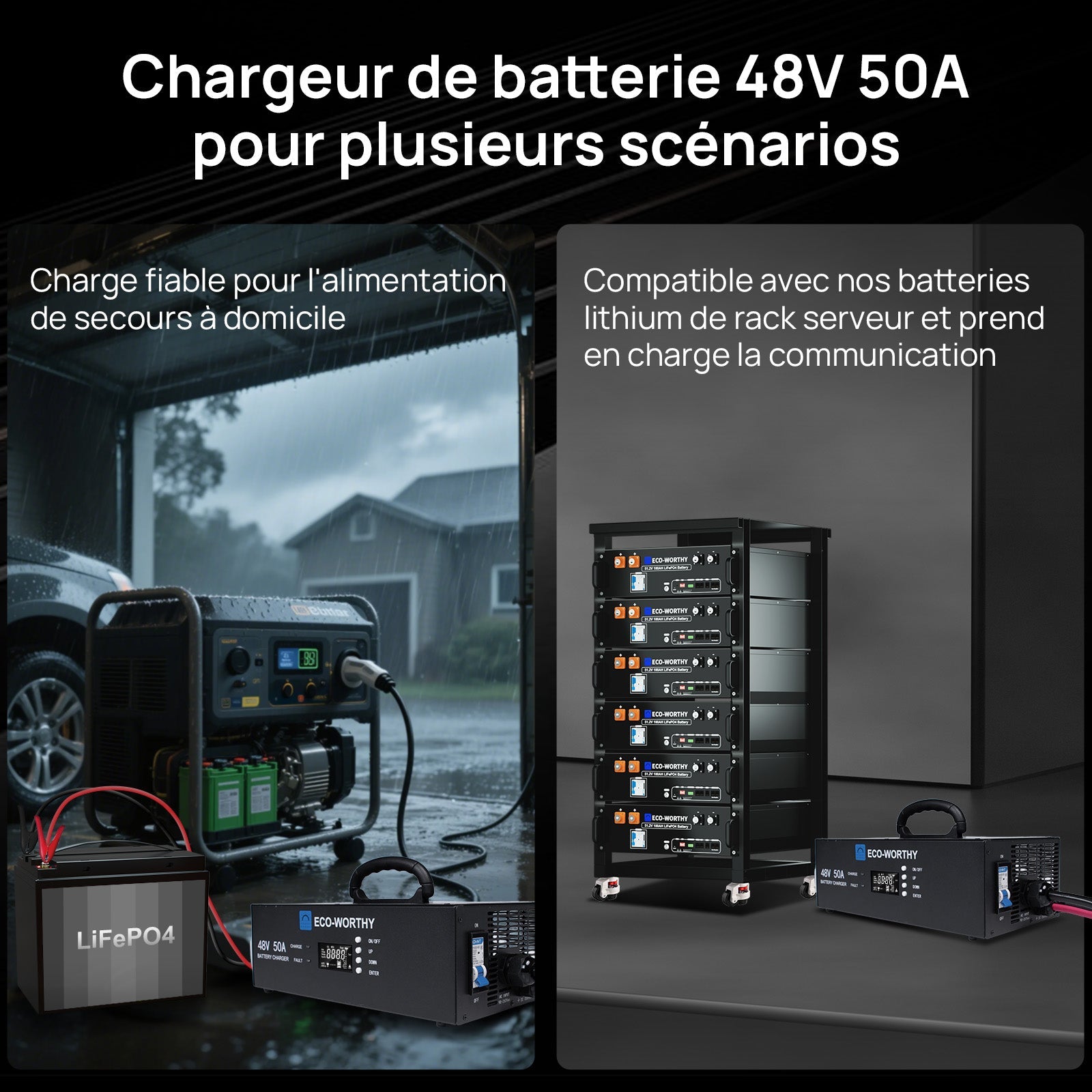 Eco-Worthy Chargeur de batterie lithium 48V – Courant réglable 0–50A, entrée 90–260V - eco-worthy-fr