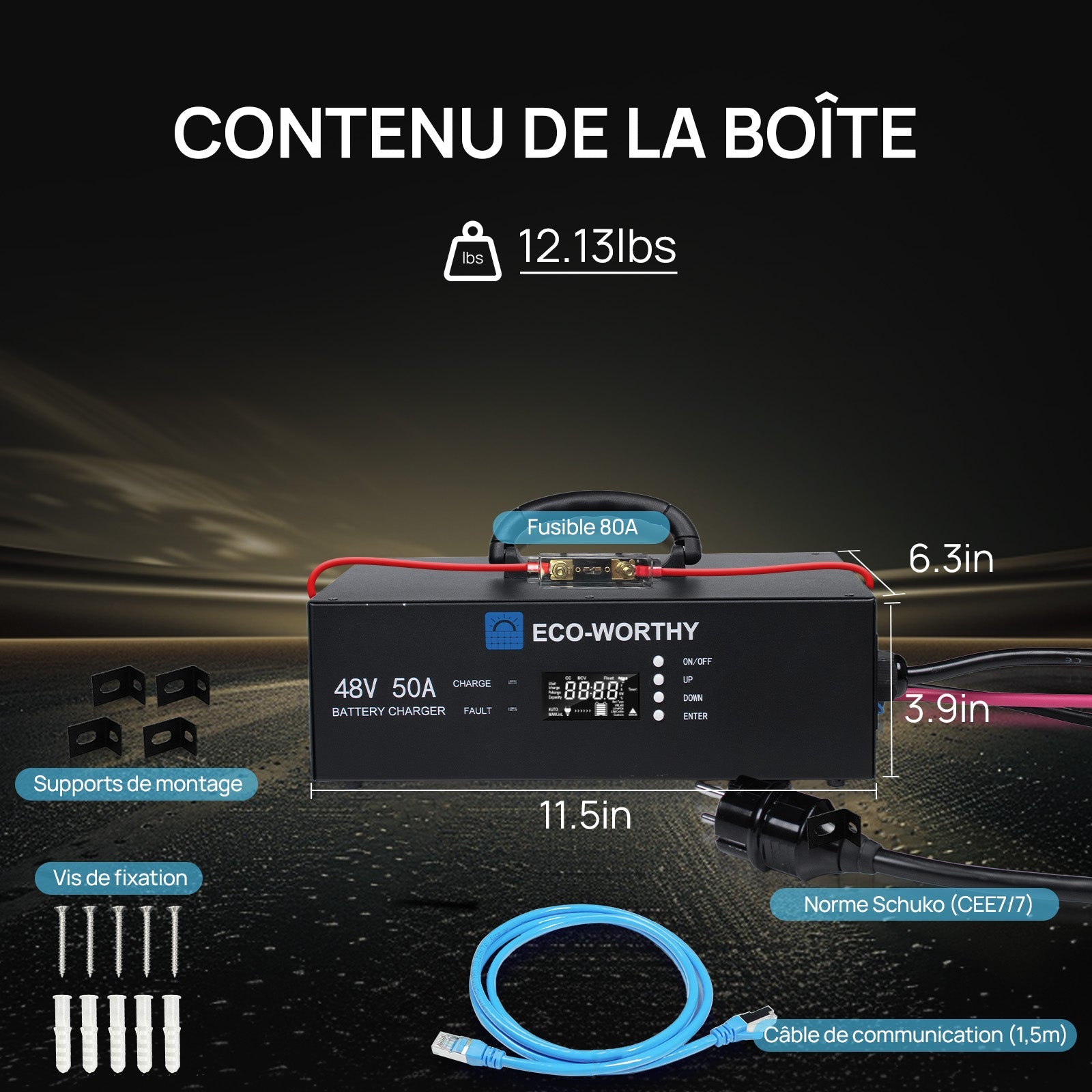 Eco-Worthy Chargeur de batterie lithium 48V – Courant réglable 0–50A, entrée 90–260V - eco-worthy-fr