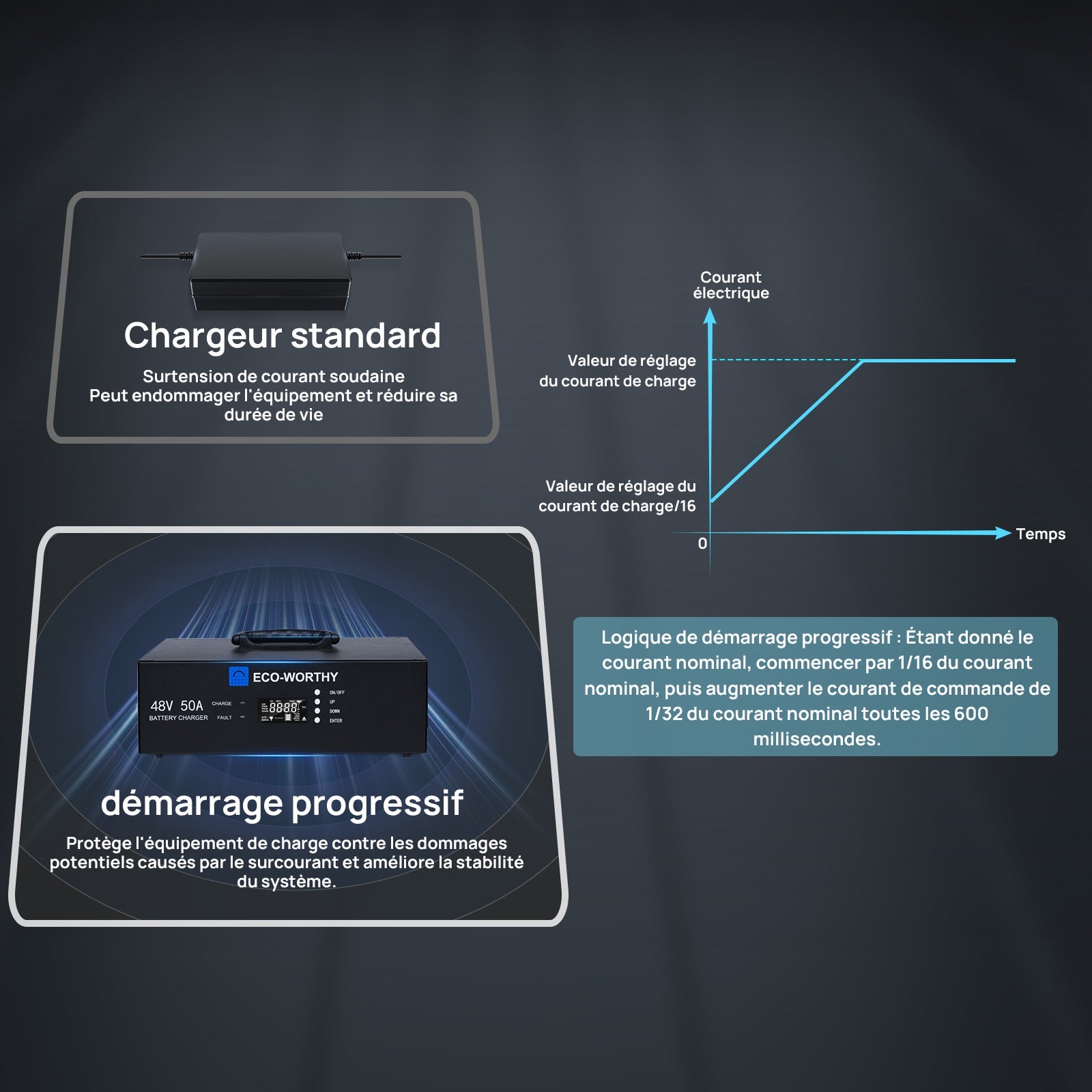 Eco-Worthy Chargeur de batterie lithium 48V – Courant réglable 0–50A, entrée 90–260V - eco-worthy-fr
