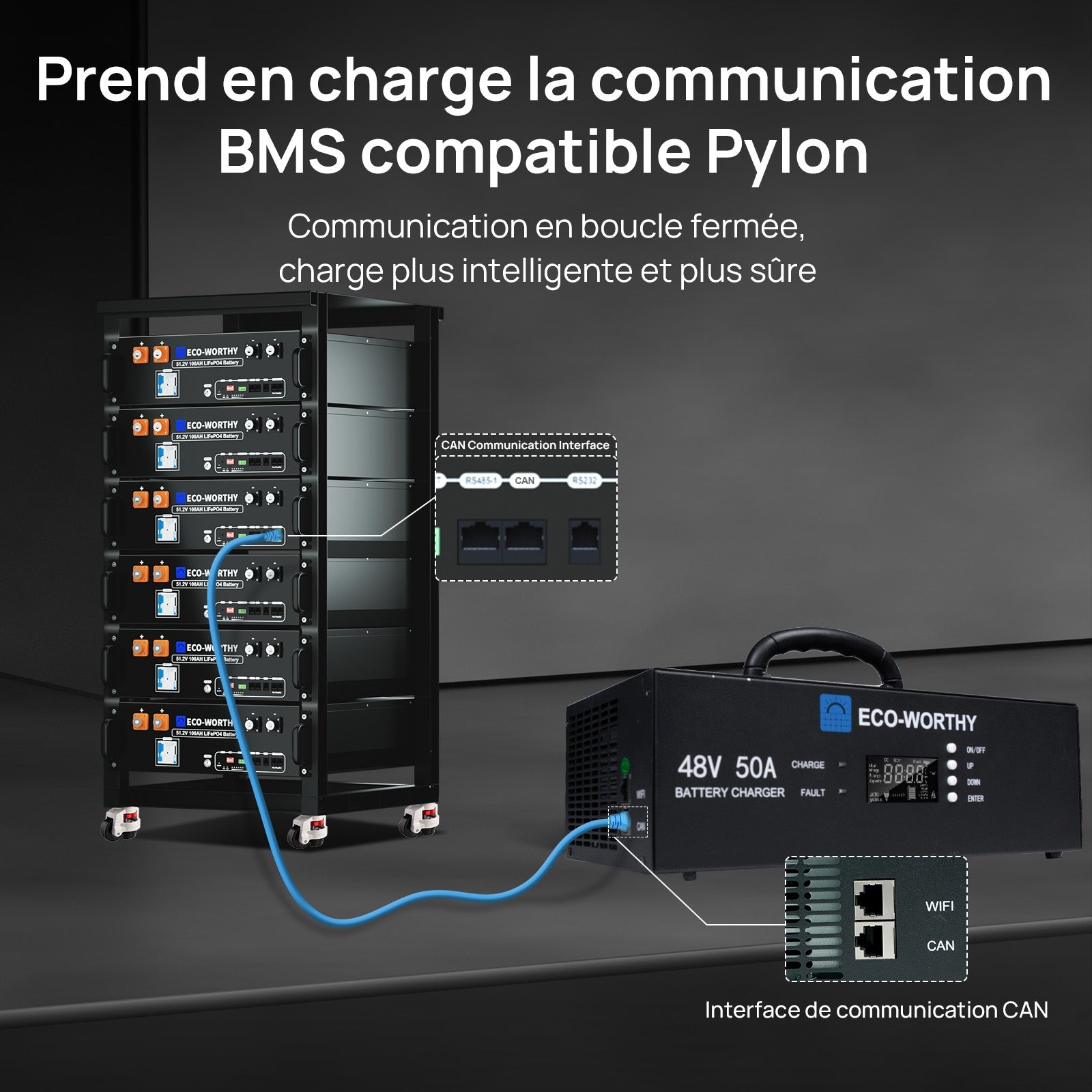 Eco-Worthy Chargeur de batterie lithium 48V – Courant réglable 0–50A, entrée 90–260V - eco-worthy-fr