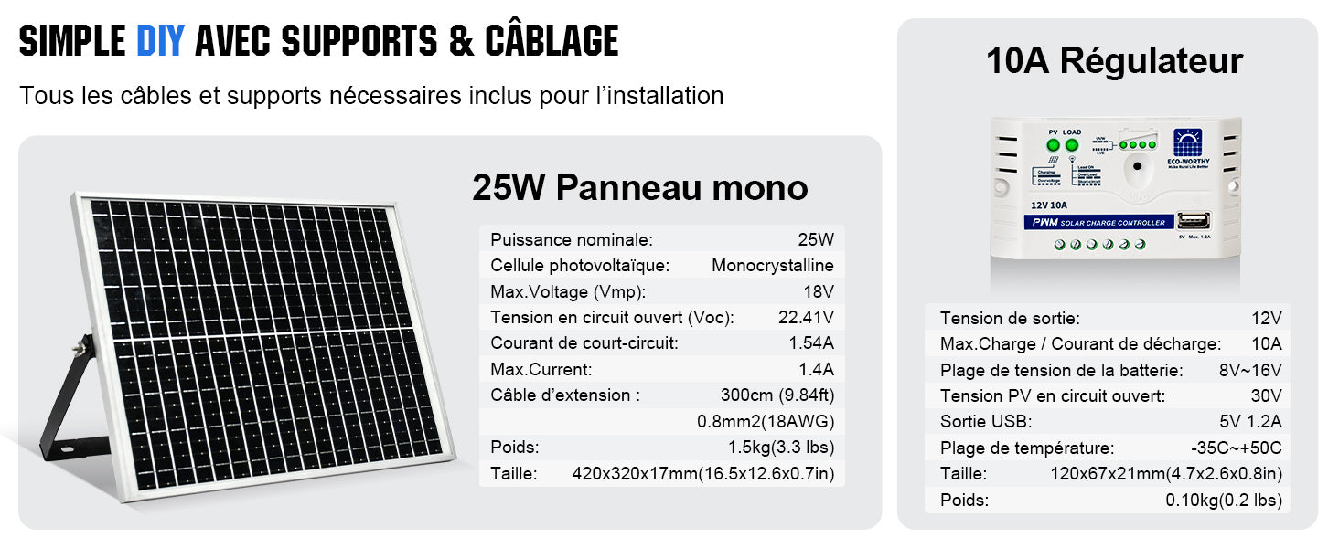 Dontodent 25w 100A 12v kit de panneau solaire régulateur de