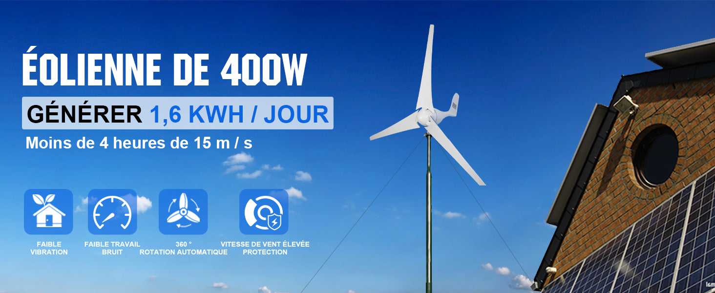 ECO-WORTHY 1120W 24V Hybrid System Éolienne de 400W et 6 panneaux solaires  monocristallins de 120W avec onduleur de 3000W 24V pour maisons, hangars,  systèmes hors réseau.