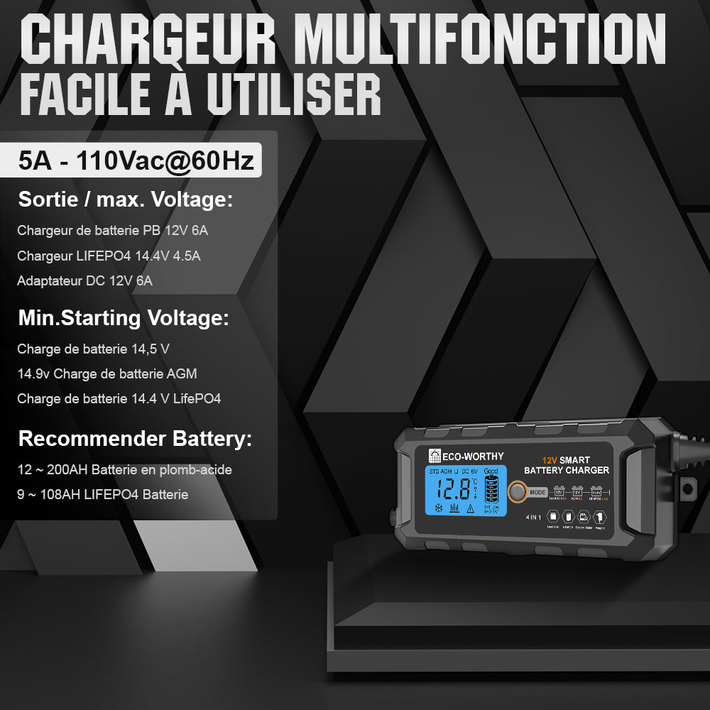 Chargeur De Batterie Intelligent 12V 6A Automatique LCD Voiture