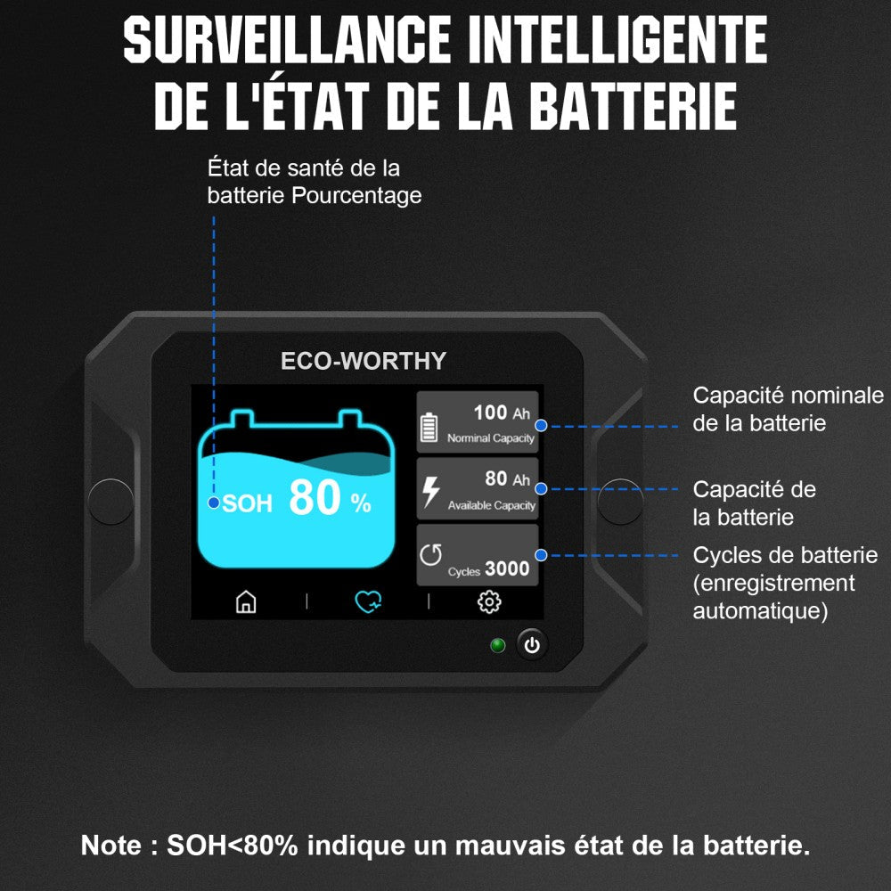 Moniteur de batterie à écran tactile 300A 3.5" avec capteur Hall pour batteries AGM et lithium (LiFePO4) - eco-worthy-fr