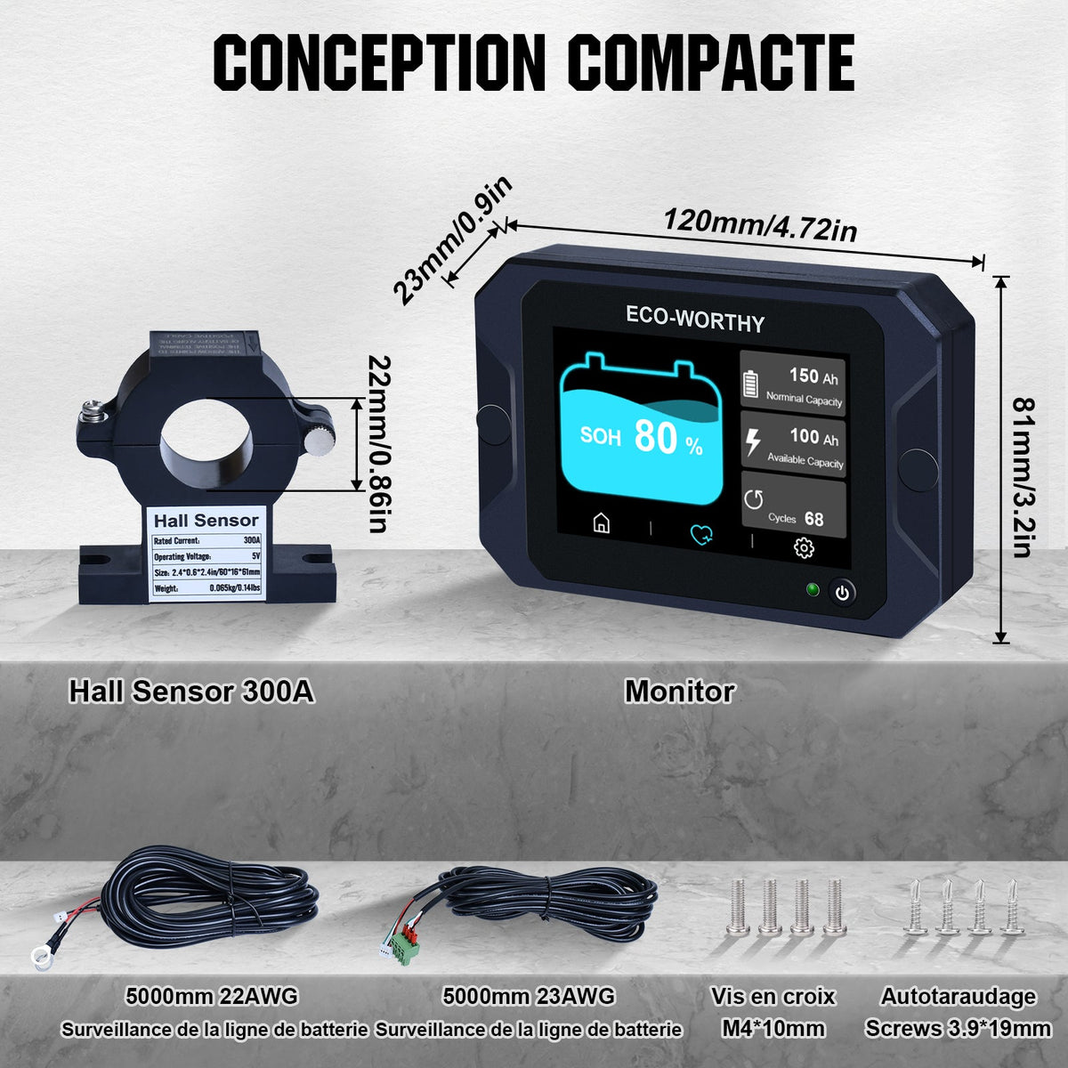 Moniteur de batterie à écran tactile 300A 3.5" avec capteur Hall pour batteries AGM et lithium (LiFePO4) - eco-worthy-fr