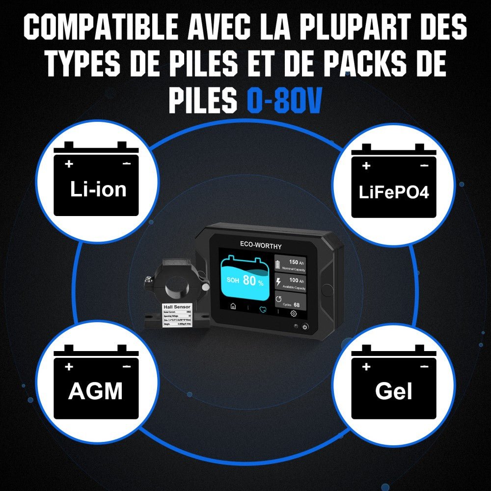 Moniteur de batterie à écran tactile 300A 3.5" avec capteur Hall pour batteries AGM et lithium (LiFePO4) - eco-worthy-fr
