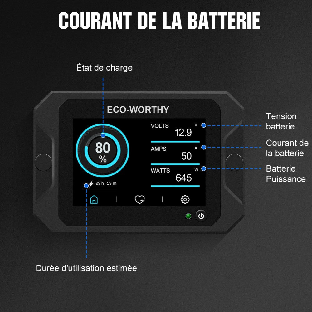 Moniteur de batterie à écran tactile 300A 3.5" avec capteur Hall pour batteries AGM et lithium (LiFePO4) - eco-worthy-fr