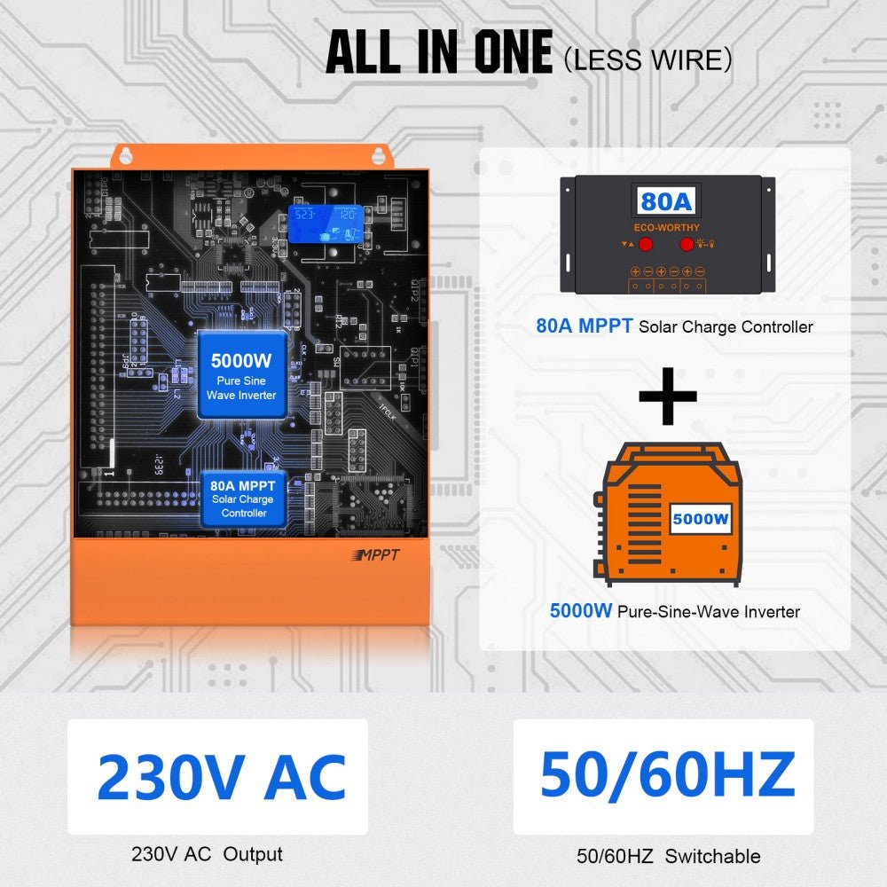 Onduleur tout-en-un onduleur à onde sinusoïdale pure 5000VA 48V et contrôleur 80A pour système hors réseau - eco-worthy-fr