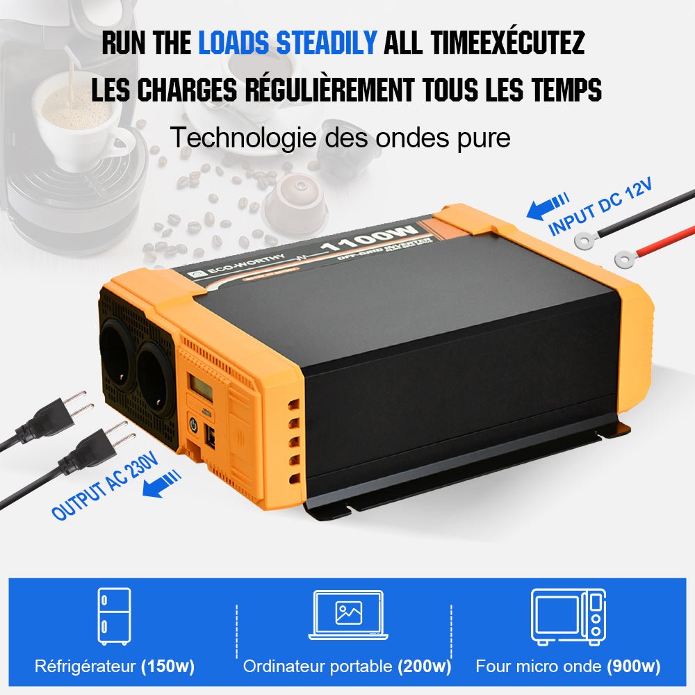 Onduleur pour site isolé du réseau pur sinus 1100VA 12V à 230V - eco-worthy-fr