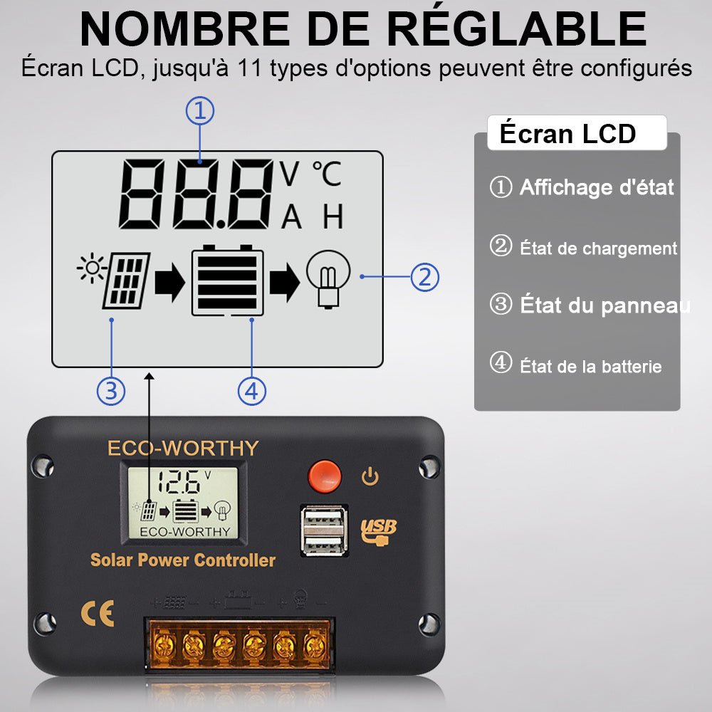 Régulateur de charge solaire avec écran LCD et Bluetooth PWM 30 A, commutation automatique 12 V/24 V - eco-worthy-fr