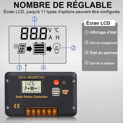 Régulateur de charge solaire avec écran LCD et Bluetooth PWM 30 A, commutation automatique 12 V/24 V - eco-worthy-fr