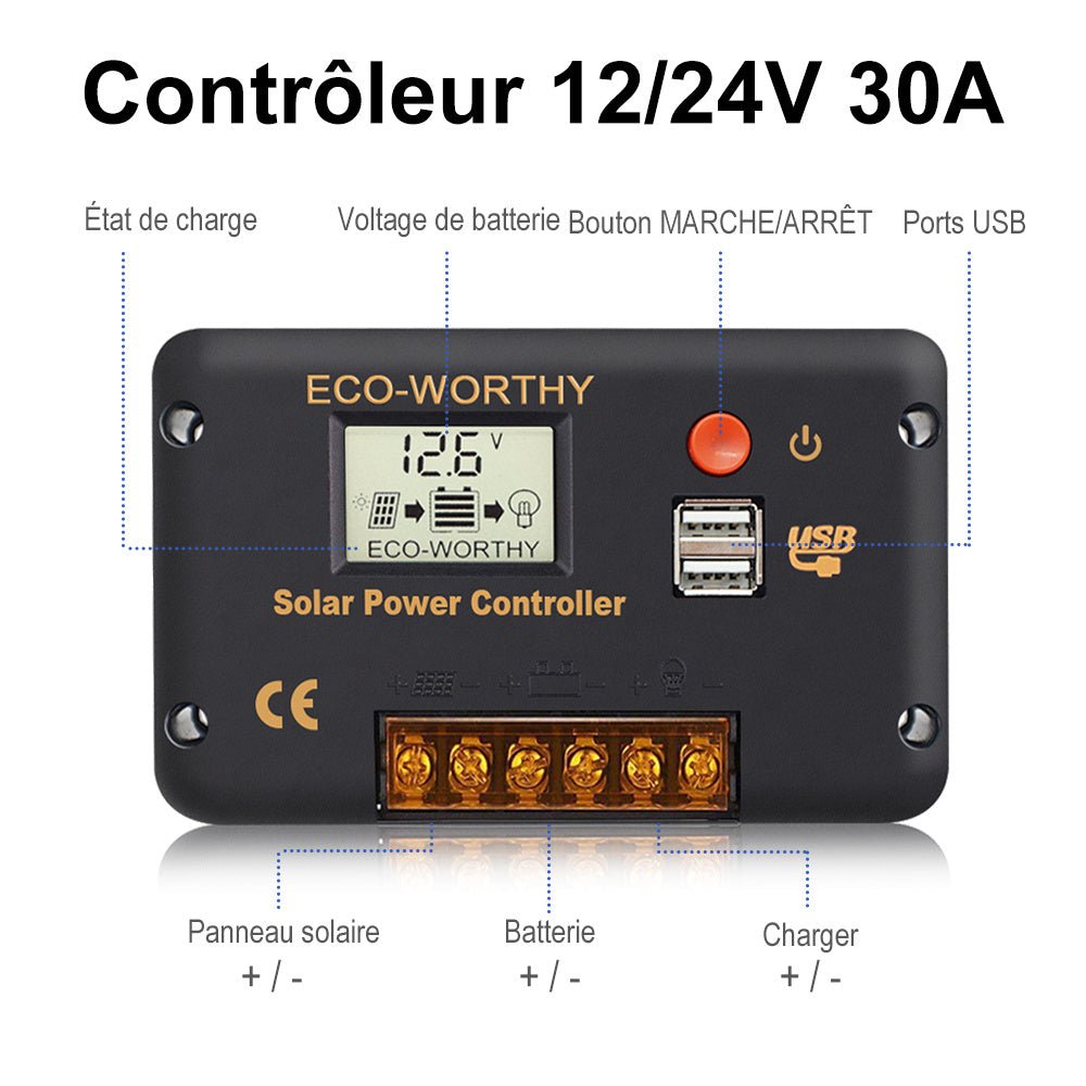 Régulateur de charge solaire avec écran LCD et Bluetooth PWM 30 A, commutation automatique 12 V/24 V - eco-worthy-fr
