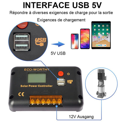 Régulateur de charge solaire avec écran LCD et Bluetooth PWM 30 A, commutation automatique 12 V/24 V - eco-worthy-fr
